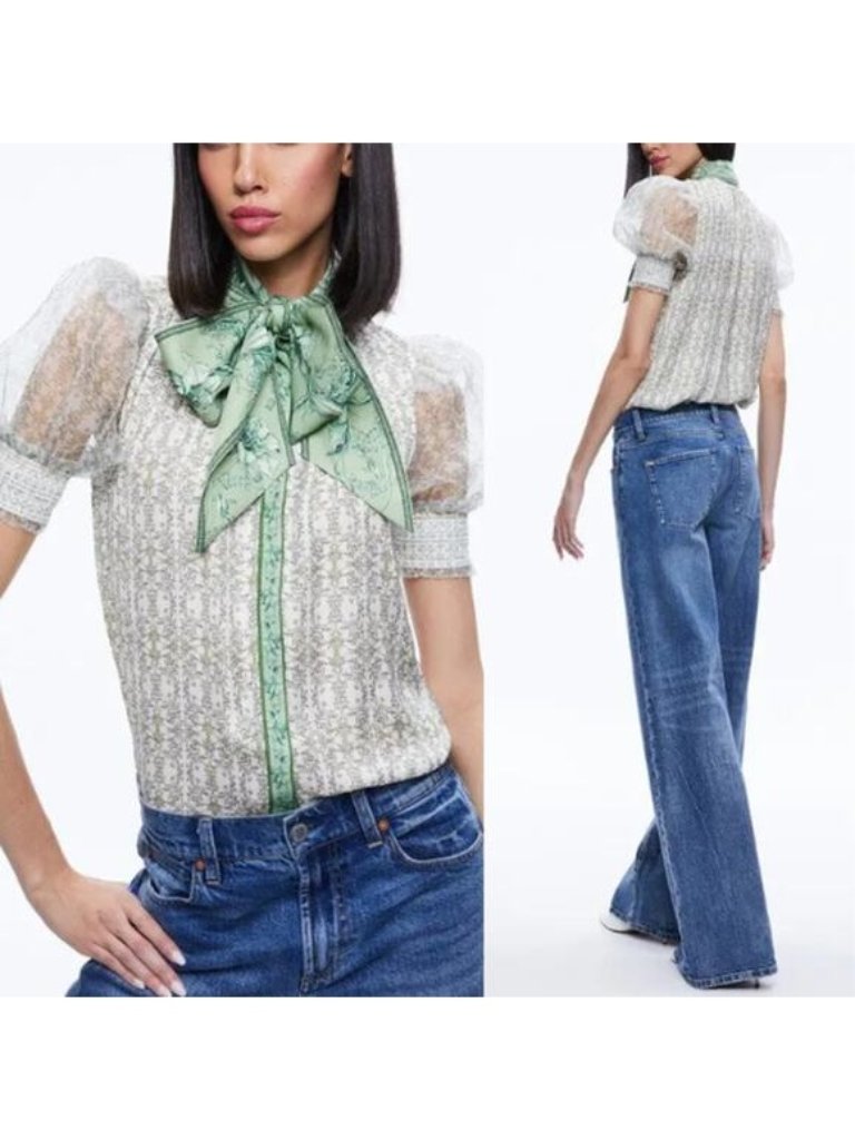 New Alice + Olivia Tie Neck Puff Sleeves Floral Print Top Green Size:Extra Small